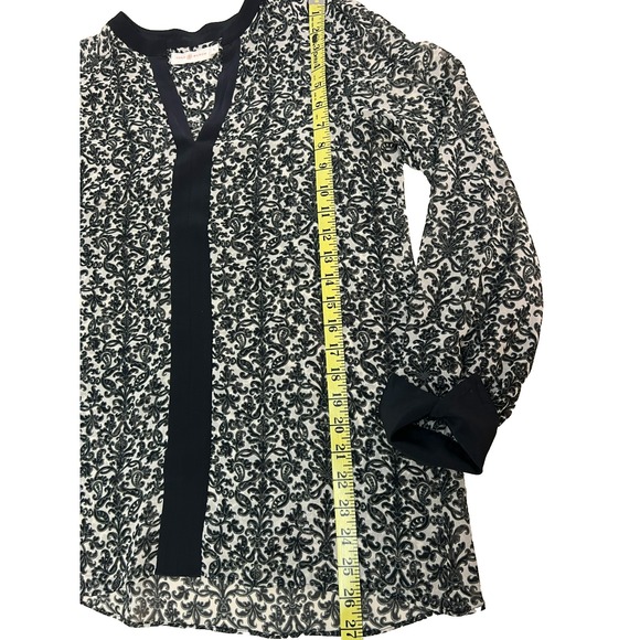Tory Burch Tunic Top Semi Sheer Black Cream Paisley Print V-Neck Long Sleeve, 6 - Picture 9 of 9